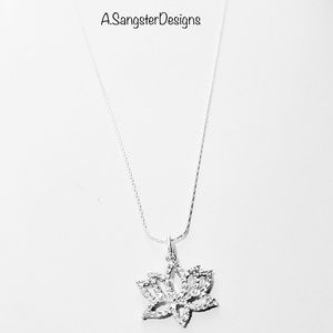 16" Sterling Silver Necklace + Crystal Lotus Charm